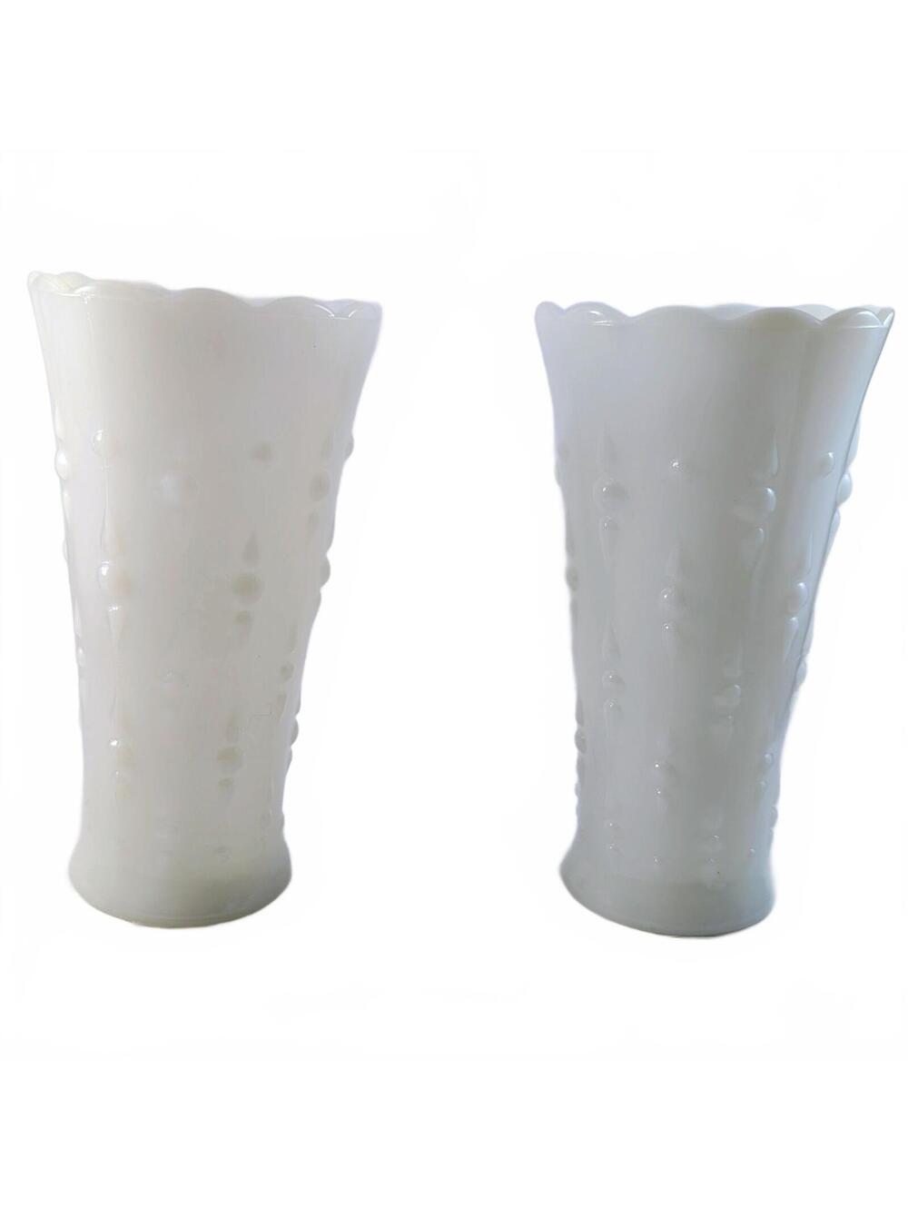 Anchor Hocking Milk Glass 7.25" Vase Dots & Arrows TeardropSet of 2